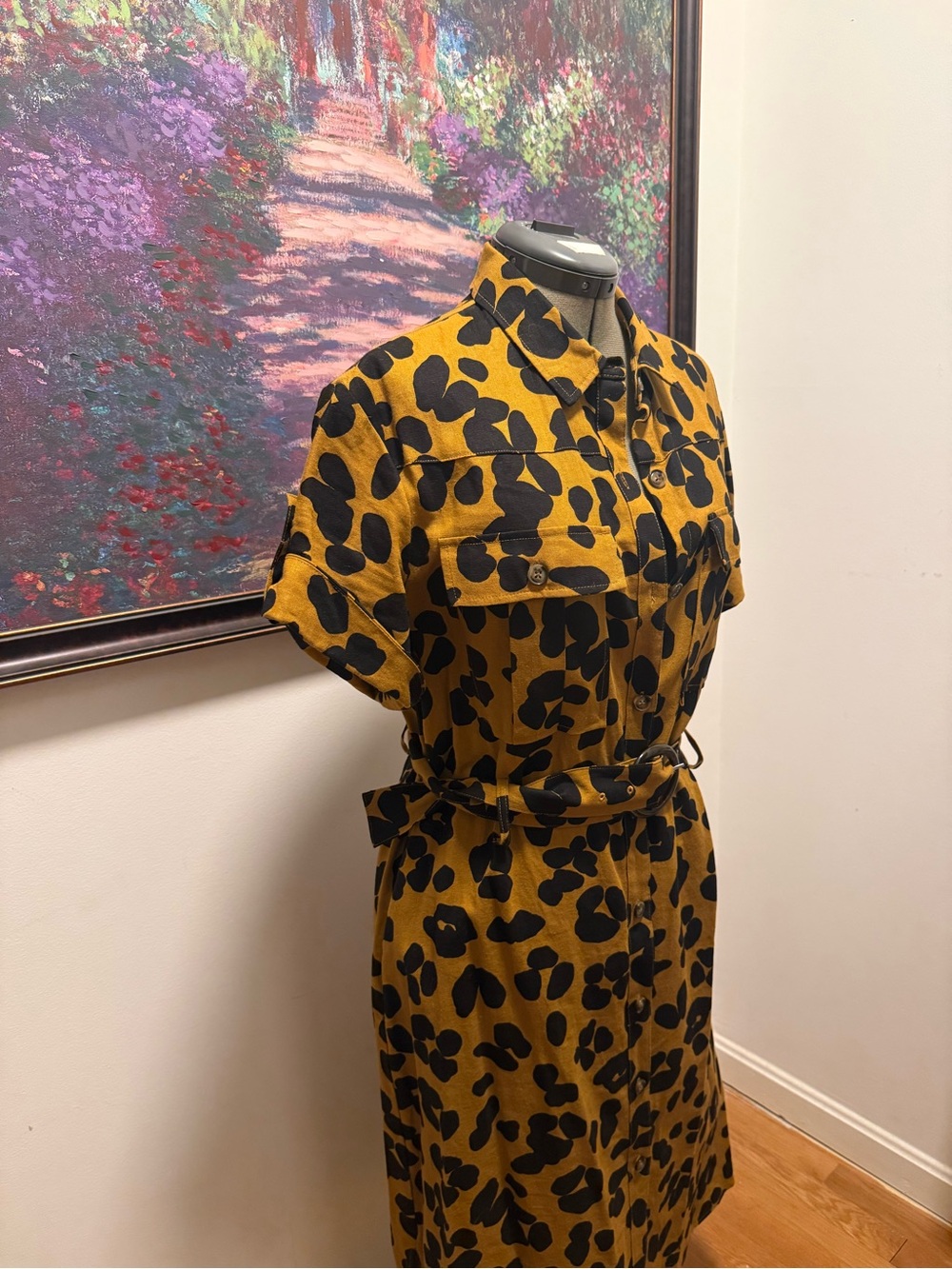 Who What Wear Mustard Yellow and Black Printed Midi Shirt Dress - Picture 2 of 4